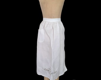 Vintage 1982 Edwardian Style Long Half Apron. Paper White Productions. Pure Linen. Hand Embroidered. Handmade Lace Trim