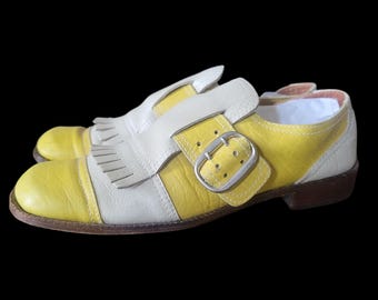 Vintage Late 1960s 1970 Bandolinos Mod Buckle Loafer. Kiltie. All Leather. Made In Italy. 9 But See Measurements. Yellow.