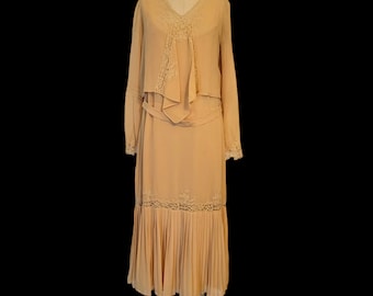 1920s Art Deco Silk Dress, Peachy Beige Lace Dinner Gown, Med/Small