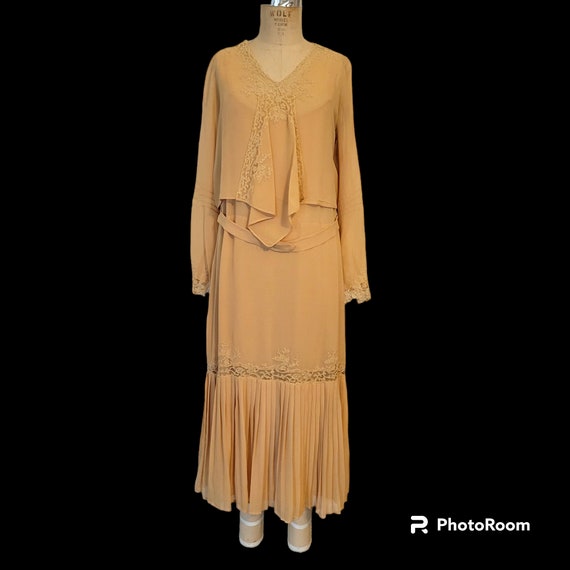Antique 1920s Silk 2 Piece Dress. Peachy Beige. L… - image 1