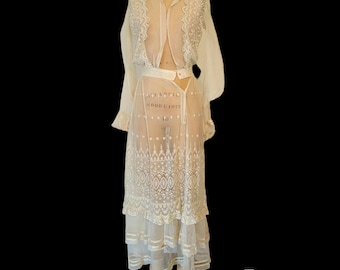 Lovely Antique Net Lace 1900s Dress. Edwardian Fashion. Embroidered Net Lace. Extra Small.