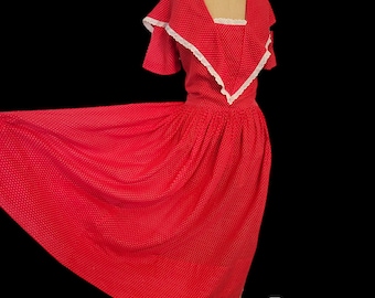 Vintage Late 1940s Day Dress. Red Dotted Swiss. Semi-sheer. Huge Middy Shawl Collar. Eyelet Trim. Side Zip. Sash Belt or Middy Tie. Med SM