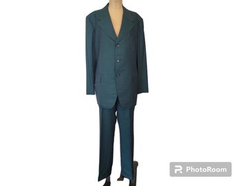 Vintage Mens Bespoke Suit by James S Lee, Hong Kong. Dated 1972. Silk Blend Greenish Hue. Size Med/Lg Large.