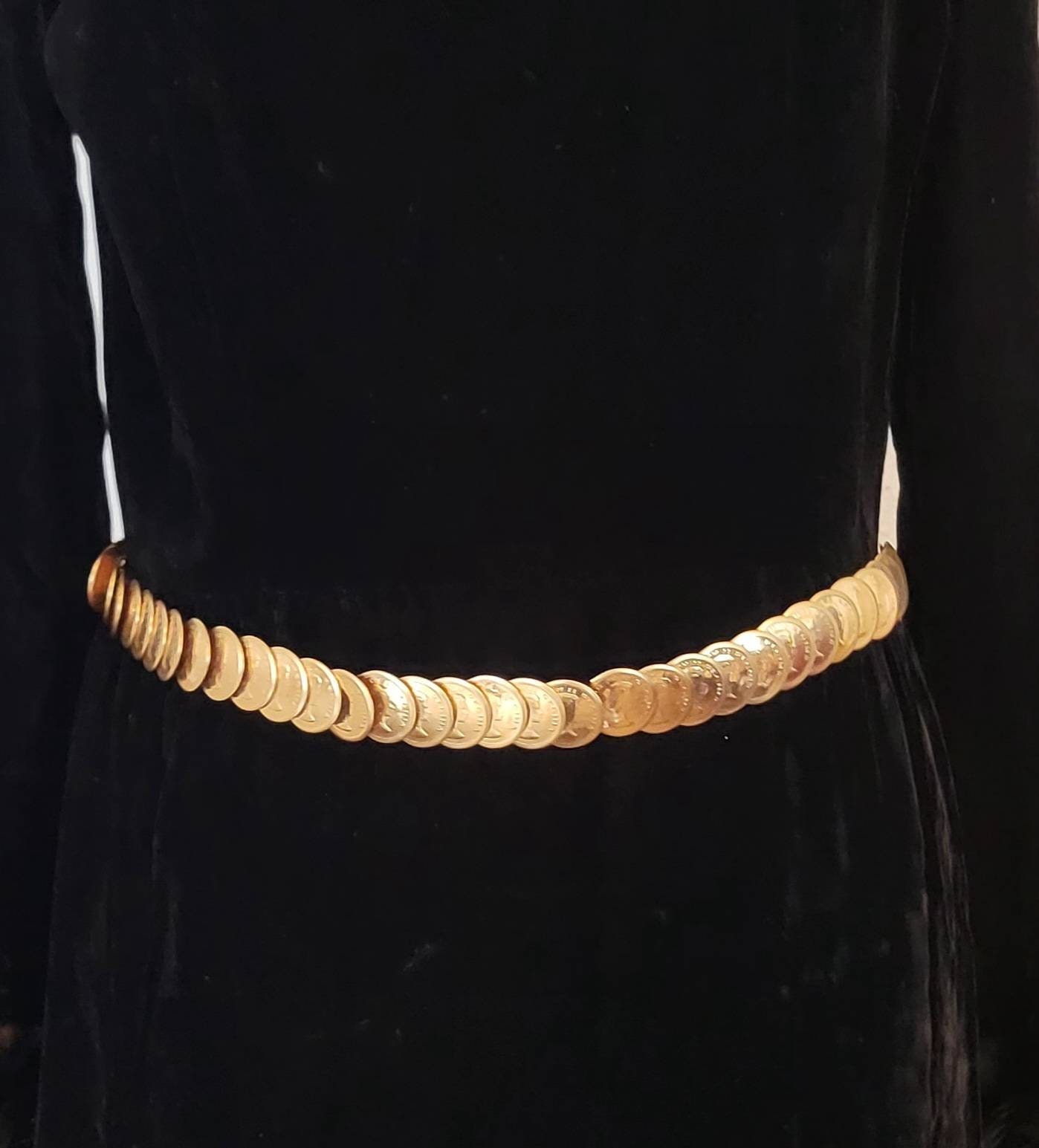 Vintage Gold Medallion Belts, Faux Coin, Stretch Metal, Lot 