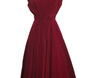 Small Waisted Vintage Classic 1950s Red Velvet Dress. Circle Skirt. Anne Fogarty Dress. Pockets. Sleeveless.