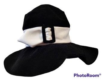 Fab Floppy Vintage 1960s Lilly Daché Hat. Mod. Black Velvet. White Pleather Band. Size 21.