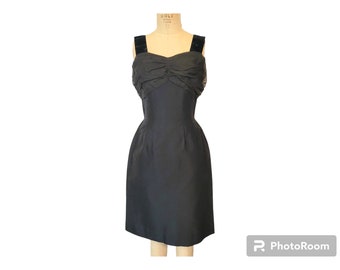 Vintage Early 1960s Little Black Wiggle Dress. Bombshell Sheath. Midecentury Cocktail Dress. Waterfall Back. Lightweight. Small