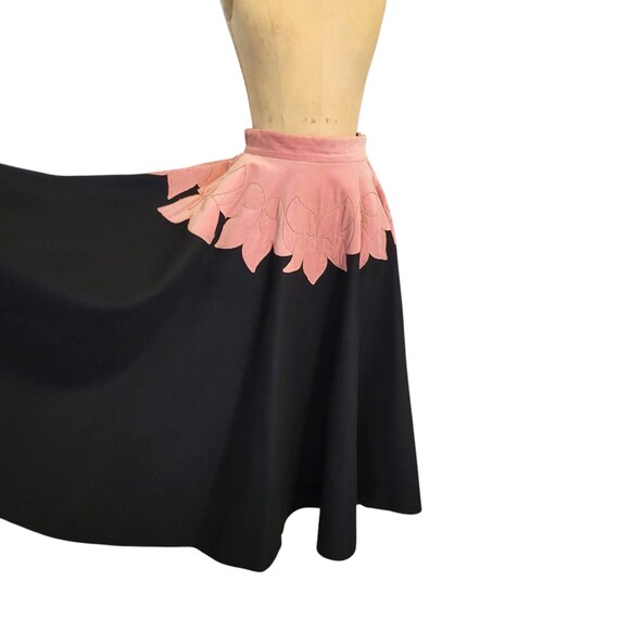 Vintage 1950s Full Pink Velvet Applique Over Black Wool