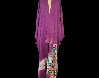 Kimono vintage de seda pintado a mano de los años 20 con forro rojo