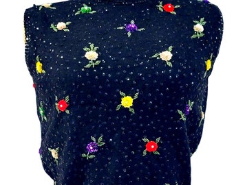 Vintage 1960s Sleeveless Sweater Shell. Pretty!Beads, Sequins, Embroidery. Floral. Small