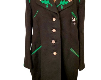 Vintage 1950s Swing Coat.Jacket.Trachten Tyrolean.Boiled Wool. Woodland Stags. Carved Buttons. Medium