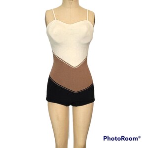 Vintage 1960s Knit Swimsuit. Peter Pan by Oleg Cassini. Color Block. Wool & Helanca Blend. Small to Medium. image 2