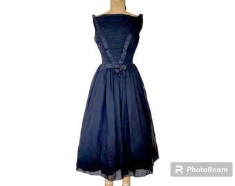 Vintage 1950s Little Black Dress. Cocktail Dress. Full Chiffon Skirt. Crinoline. Jonny Herbert. Small XSmall.