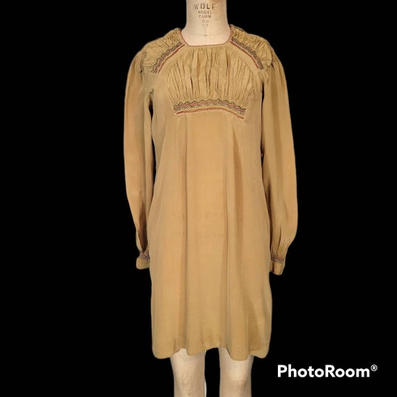 1920s Pongee Silk Bohemian Tunic. Hand Smocked. B… - image 1