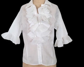 Vintage Late 1950s Cotton Ruffled Front Button Up Blouse. 3/4 Sleeves With Ruffle Cuffs Medium