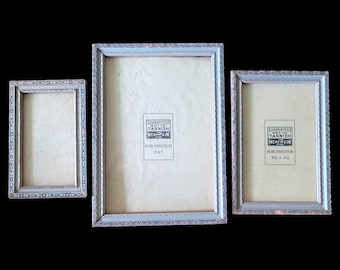 Set of 3 Antique Wood Frames For Photos. 1920s. Art Deco. Largest To Fit 5 x 7. Silver & Black on Wood.