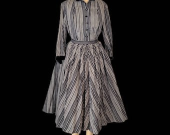 Vintage 1950s Skirt Set. Sir James of Calif. Black & Gray Stripes. Faceted Glass Buttons. Full Skirt. Medium.