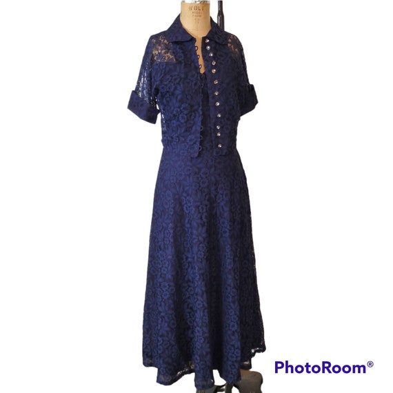 Vintage 1940s Strapless Navy Blue Lace Dress With… - image 2