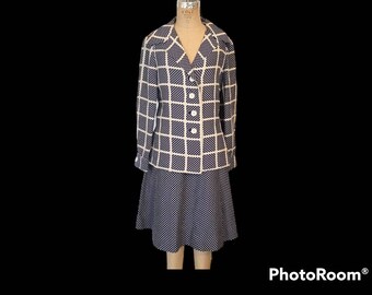 1960s Teal Traina Knit Suit: Navy Polka Dot Mod Style, Neiman Marcus