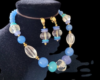 Vintage Chunky 1970s Trifari Mixed Marks Lucite Necklace and Matching Clip Earrings. Mod Look. Blue & Clear Beads.