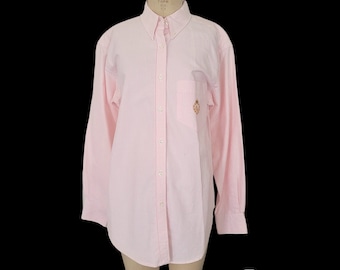 Vintage 90s With Tags Ralph Lauren Pink Striped Button Down Cotton Oxford. Womens Shirt. Lauren Ralph Lauren Label and Crest. Size 6.