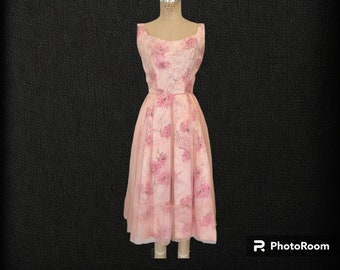Vintage 1950s Floral Print Dress, Pink Organdy Overlay, Small