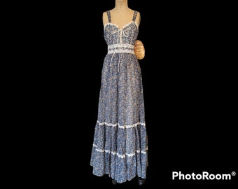 Vintage 1970s Gunne Sax Maxi. Jessica McClintock. Old Stock With Tag. Corset Tie Sundress. Size 11 Jr.