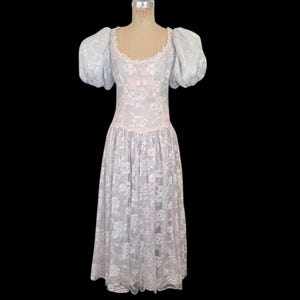 Puede incluir: Un vestido de encaje azul claro con una superposición de encaje rosa y mangas abullonadas. El vestido tiene un corpiño ajustado y una falda fluida.