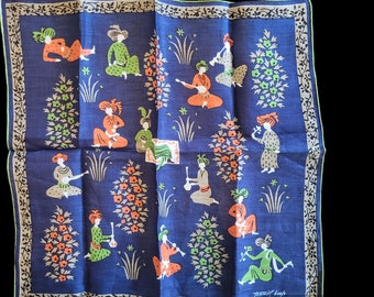 Vintage Unused Tammis Keefe Handkerchief With Label. Blue Background Persian.