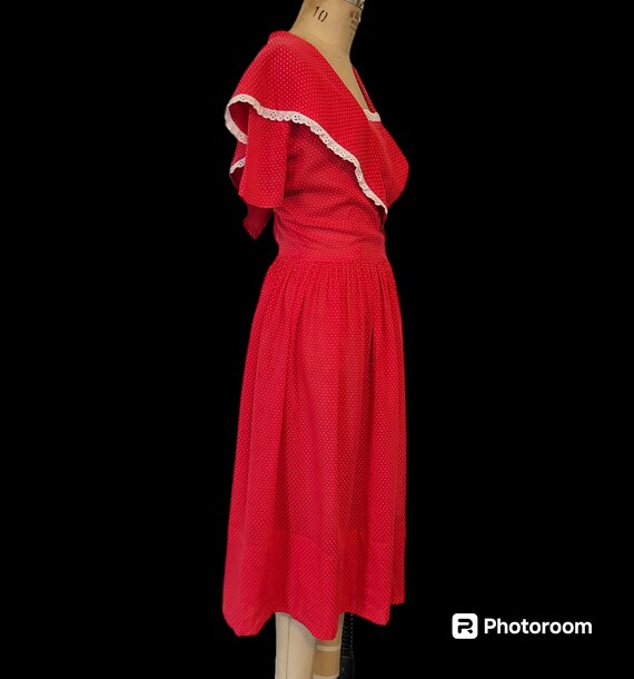 Vintage Late 1940s Day Dress. Red Dotted Swiss. Semi-sheer