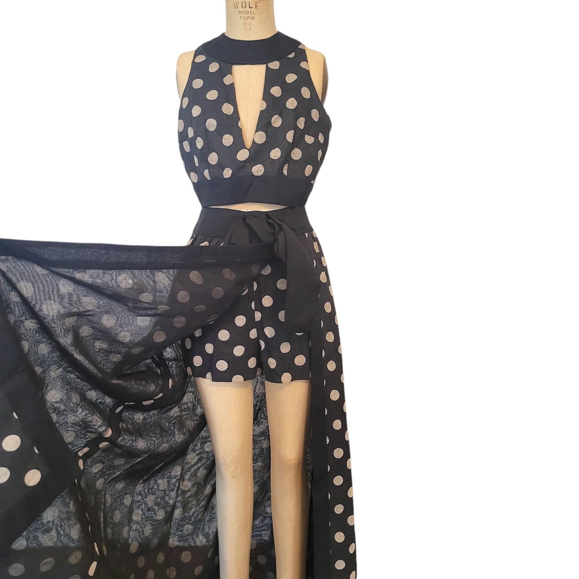 Vintage 1960s 68 69 (cuspy) Three Piece Play or Hostess Set. Top Shorts Skirt.Howard Wolf Boutique.Polka Dot.26 to 26.5 Waist. Black & Beige
