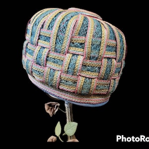 Vintage 1960s Christian Dior Beehive Pillbox Hat. Teal Netting. Woven Straw. Size 22.