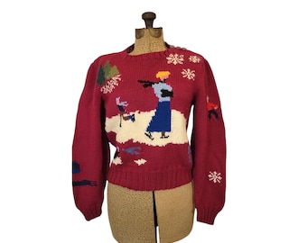 Vintage 80-tals Ralph Lauren handstickad ulltröja: Vinterskateboardscen, SM-M