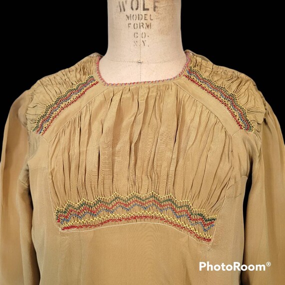 1920s Pongee Silk Bohemian Tunic. Hand Smocked. B… - image 2