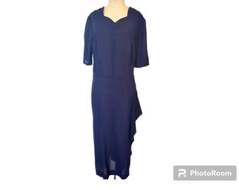Vintage 1930s 1940s Volup Semi Sheer Navy Blue Pull Over Dress. Extra Large. Hip Flounce.