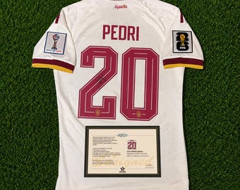 Camiseta de visitante de España para el Mundial 2026, Pedri nº 20, edición firmada, camiseta de fútbol estampada con la firma del jugador, versión para aficionados.