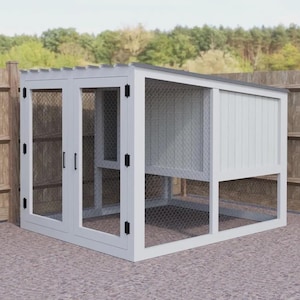 May include: A white wooden chicken coop with a gray roof and wire mesh panels. The coop has two doors and a side section with vertical wooden siding. Black hinges and handles are visible.