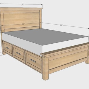 May include: A light-colored wooden bed frame with a headboard, three drawers, and a mattress. The headboard is 62 inches wide and 57 inches tall. The bed is 80 inches long and 22 inches tall.