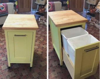 Pequeña isla de cocina con cubos de basura extraíbles: plan de carpintería para almacenamiento DIY y diseño funcional que ahorra espacio