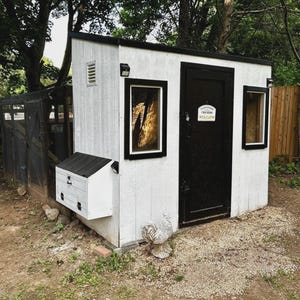 Puede incluir: Un gallinero blanco con techo, puerta y marcos de ventanas negros. El gallinero tiene un pequeño nido y una estatua decorativa de gallo en frente. La palabra "Chickens" es visible en un letrero en la puerta.