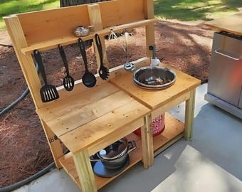 DIY Outdoor Wooden Mud Kitchen for Kids – Backyard Play Sink Station, Sensory Play Table, PDF Plans