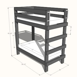 May include: A gray bunk bed with white mattresses. The bed frame is 62 1/2 inches high, 56 1/2 inches wide, and 30 inches deep. The top mattress is 34 inches from the floor, and the bottom mattress is 9 inches from the top mattress.