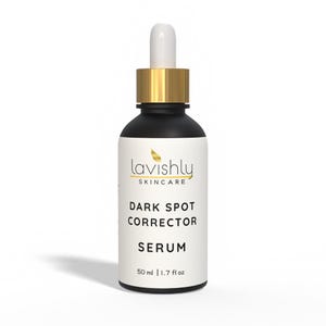 May include: A black and white skincare serum bottle with a gold cap and dropper. The label reads "Lavishly Skincare" and "Dark Spot Corrector Serum". The bottle contains 50 ml / 1.7 fl oz of product.