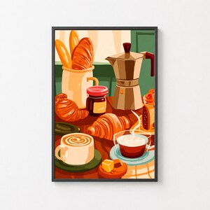 Peut inclure: Illustration d'une scène de petit-déjeuner. Une tasse de café avec du latte art, des croissants, du pain et une cafetière sont disposés sur une table. Un petit pot de confiture et une assiette de beurre complètent la scène. La palette de couleurs comprend des tons chauds de brun, d'orange et de crème.