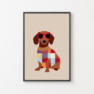 Peut inclure: Impression artistique encadrée d'un teckel marron portant des lunettes de soleil rouges et un pull patchwork. Le chien est assis sur un fond beige. L'œuvre a un style minimaliste et moderne.