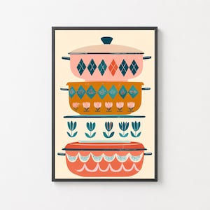 Peut inclure: Impression encadrée représentant trois casseroles empilées. La casserole supérieure est rose avec un motif de losanges bleu et orange. La casserole du milieu est orange avec un motif de losanges bleu et rose. La casserole inférieure est rouge avec un motif festonné.