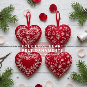 Patrón de adornos de corazones de fieltro de estilo folclórico escandinavo – Bordado moderno a mano, manualidad para San Valentín (patrón en PDF de 14 piezas)