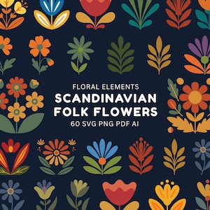 Pacote de Clipart de Flores da Arte Popular Escandinava em SVG, Clipart Floral Nórdico (60 Desenhos para Download Digital)