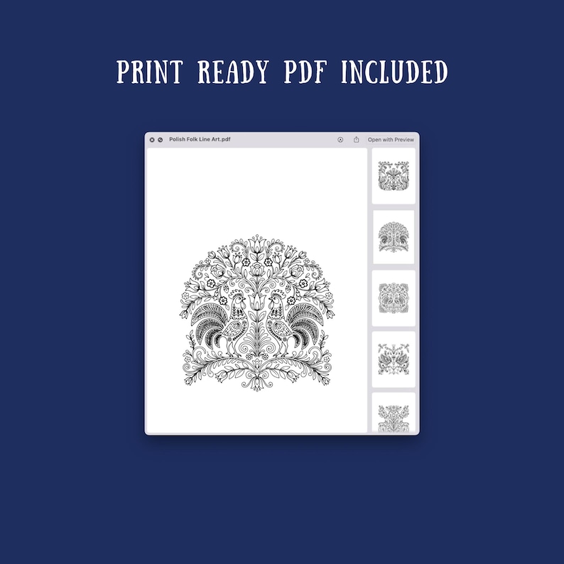 Puede incluir: Una visualizaci&oacute;n de archivo digital que muestra una ilustraci&oacute;n de l&iacute;neas en blanco y negro de dos gallos rodeados de motivos florales. La interfaz incluye una barra lateral con miniaturas y el texto PRINT READY PDF INCLUDED arriba.