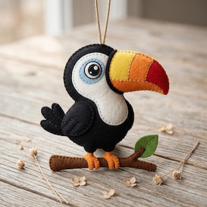 May include: A handmade felt toucan decoration. The toucan has a black body, white face, and a large beak with red, orange, and yellow sections. It is perched on a brown branch with a green leaf. A string is attached for hanging. The ornament is designed to be hung.